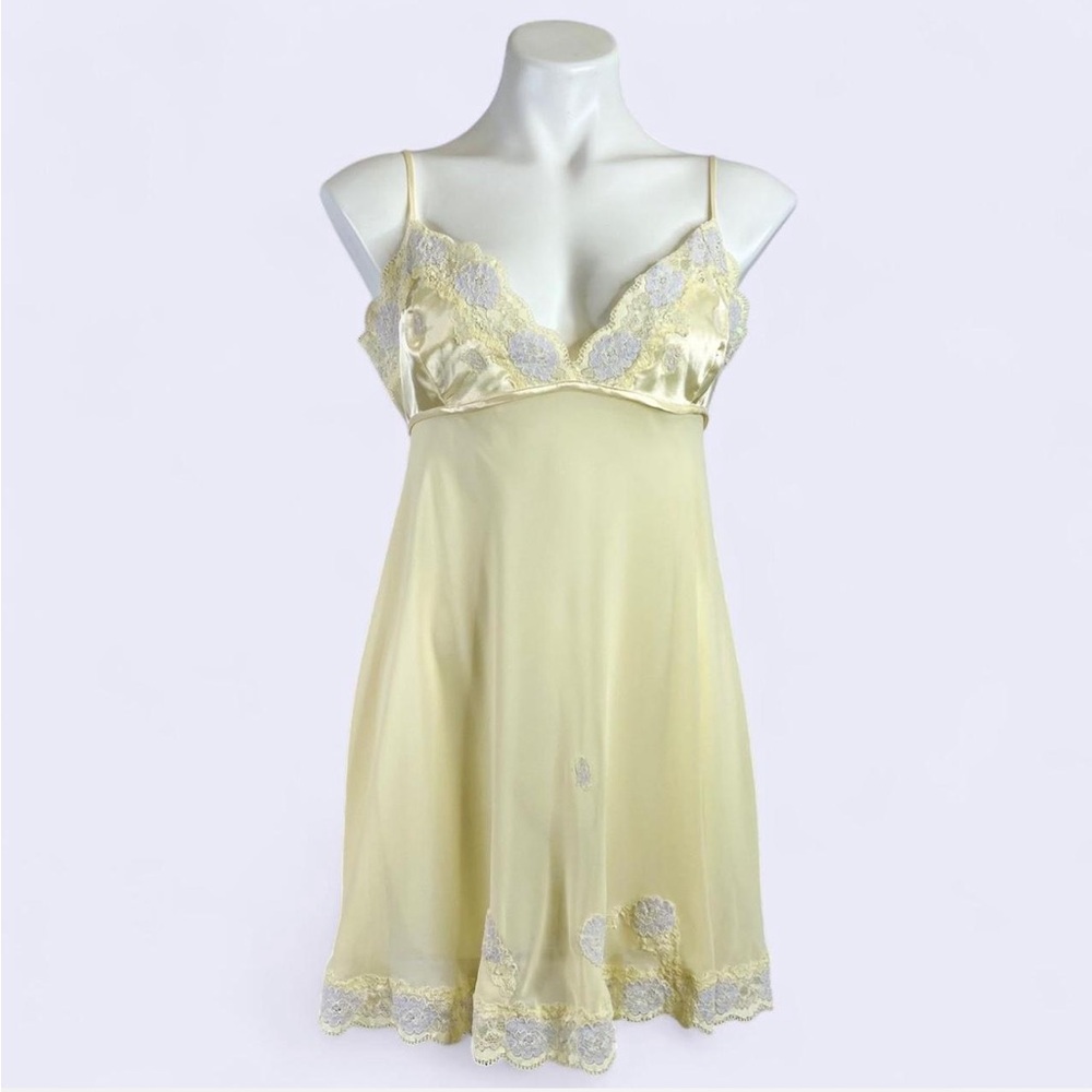 Vintage 90s Victoria’s Secret Sheer Pastel Yellow Slip Dress Lace Tie Back Large